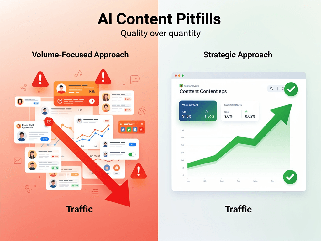 Common AI blog post generator mistakes showing traffic decline from mass publishing without strategy versus strategic growth
