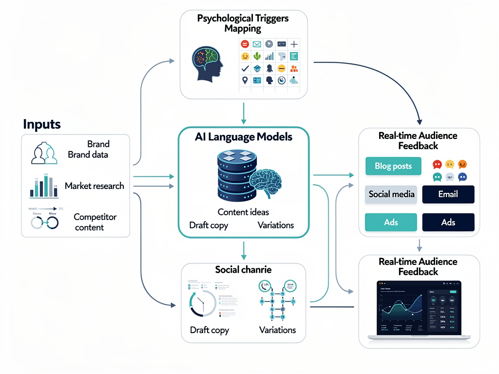 Automated content generation system workflow diagram showing AI models, data analysis, and audience response integration