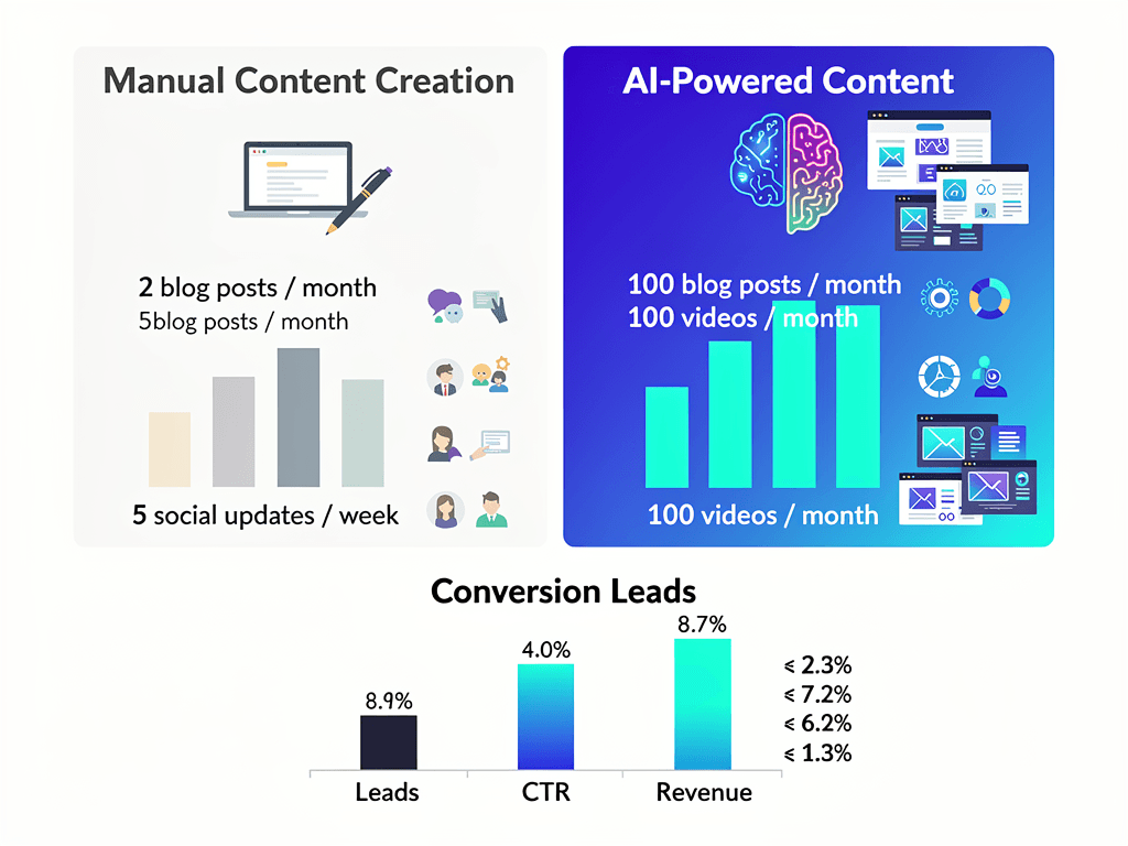 Comparison chart showing AI content generator volume versus manual content creation with conversion rates and revenue
