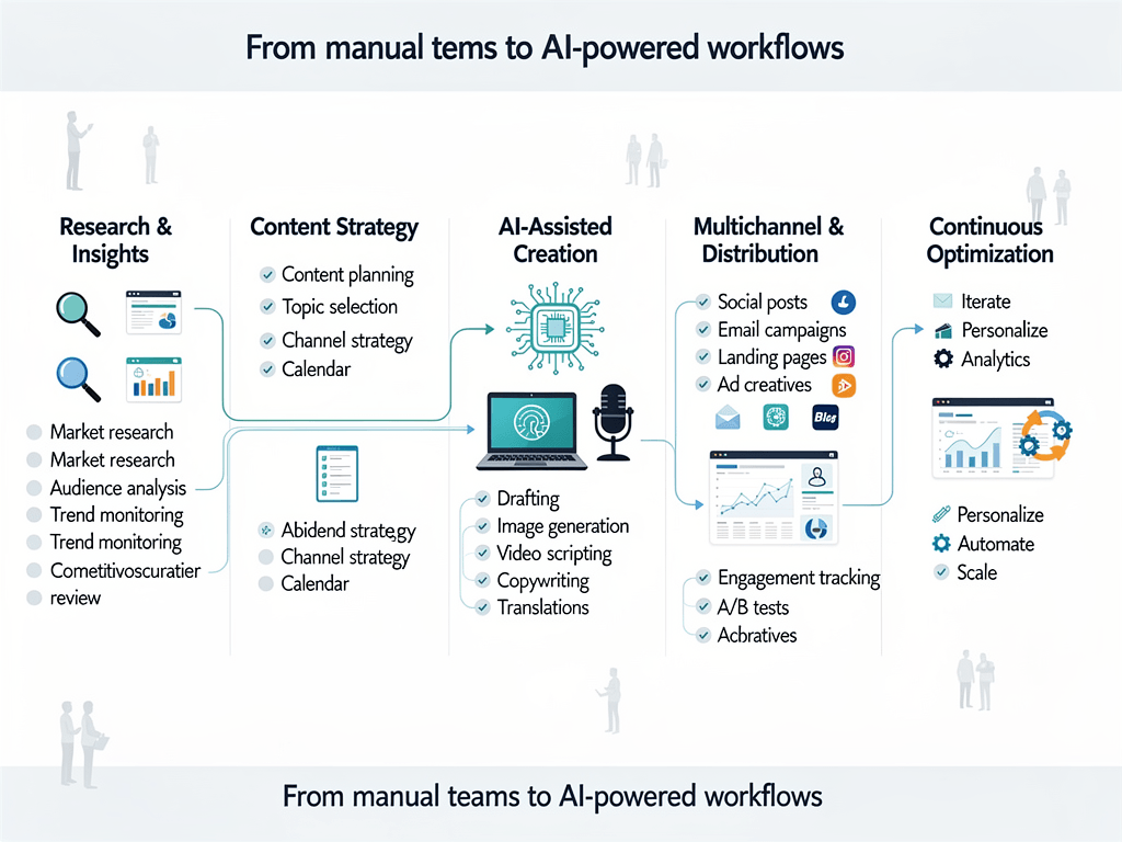 AI content generator workflow diagram showing automated content creation, distribution, and optimization process