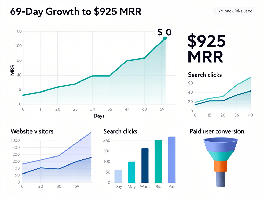 Case study results chart showing AI content generator driving $925 MRR in 69 days with zero backlinks