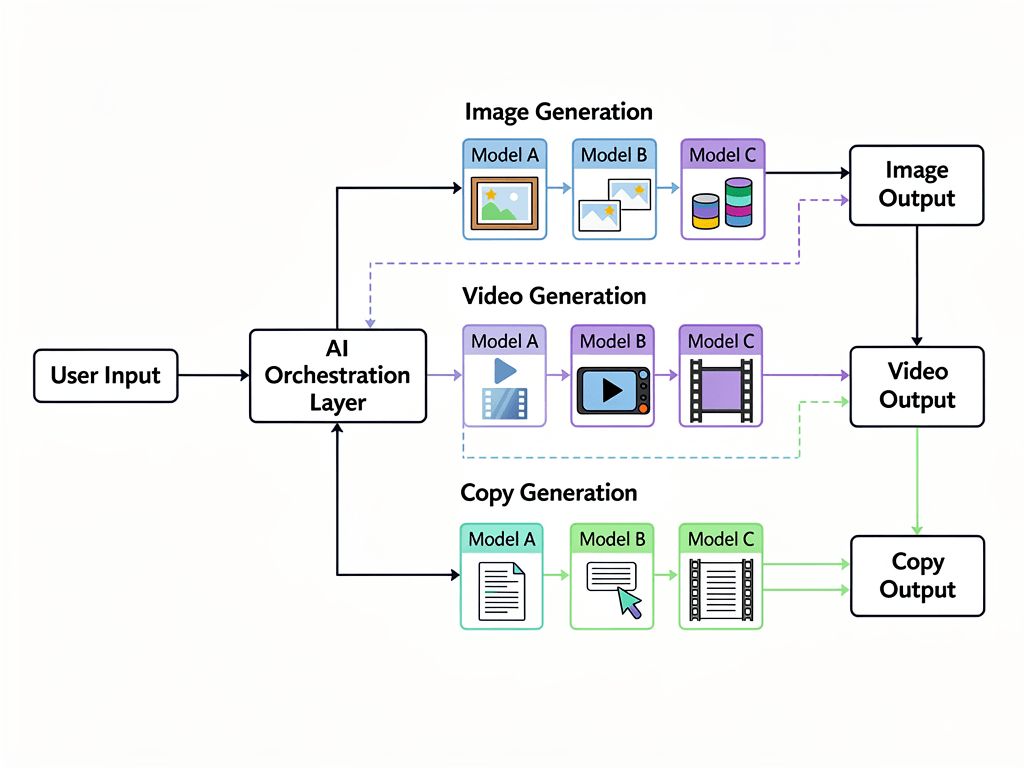 Parallel AI workflow architecture diagram for automated content production with multiple simultaneous models