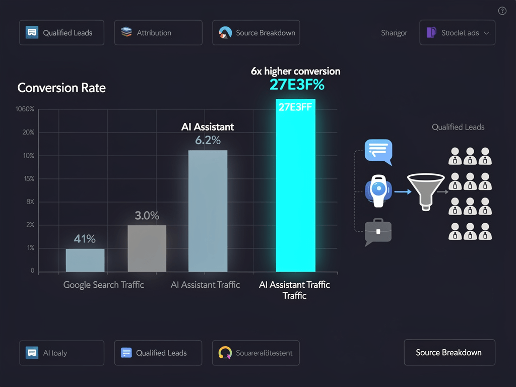 Conversion rate comparison showing AI traffic converts six times better than traditional search