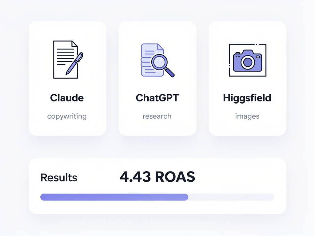AI content automation tool stack comparison: Claude for copywriting, ChatGPT for research, Higgsfield for images achieving 4.43 ROAS
