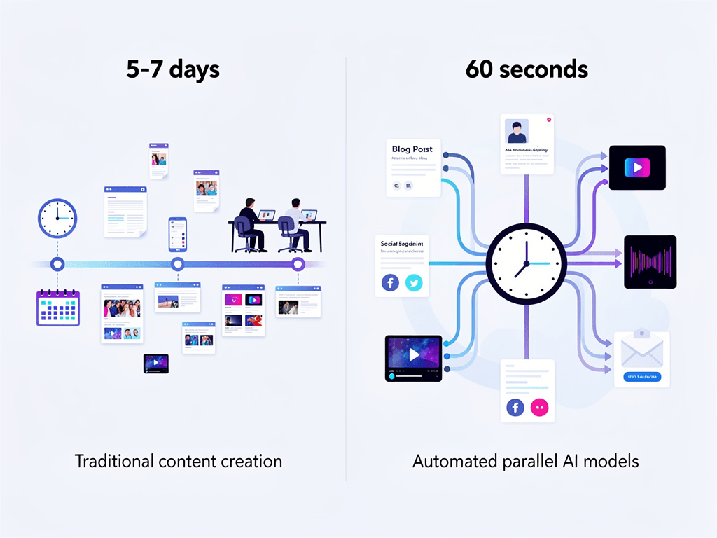 Time comparison infographic showing automated content production reducing creation time from days to seconds