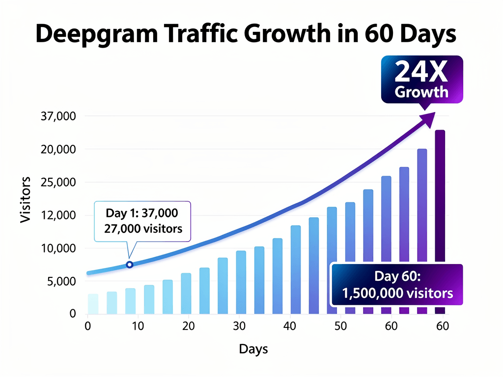 Deepgram traffic growth chart showing 24X increase from 37,000 to 1.5 million visitors in 60 days using automated content