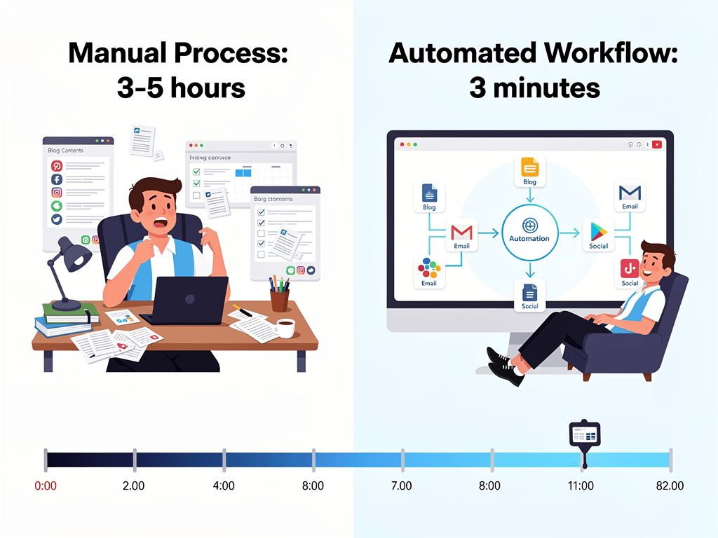 Before and after comparison of manual versus automated content creation showing time reduction from hours to minutes