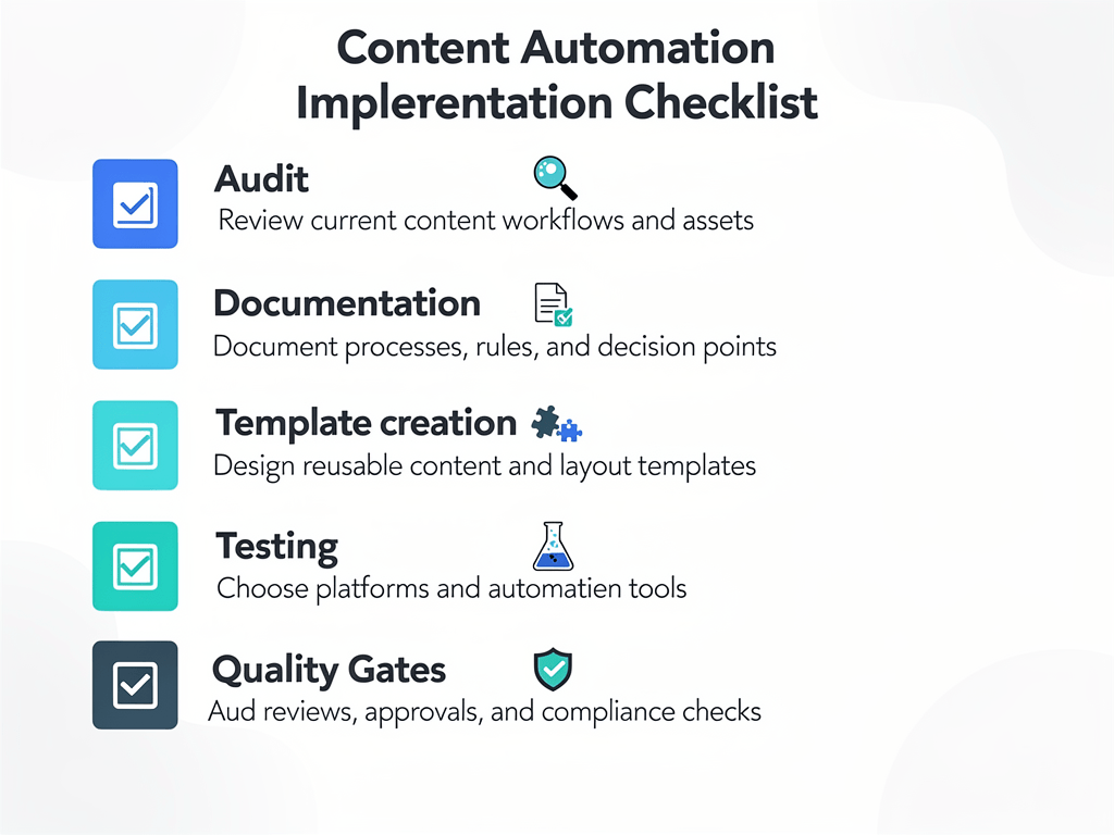 Content automation implementation checklist showing essential steps from audit to scaling with visual checkboxes