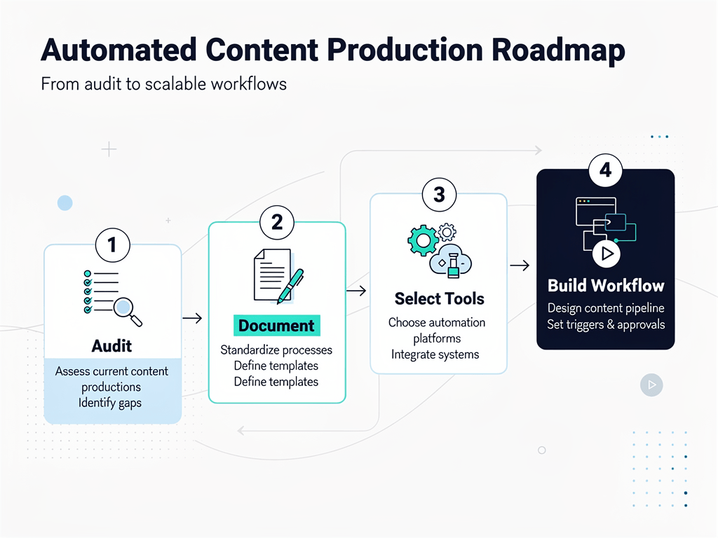 Implementation checklist infographic for setting up automated content production systems