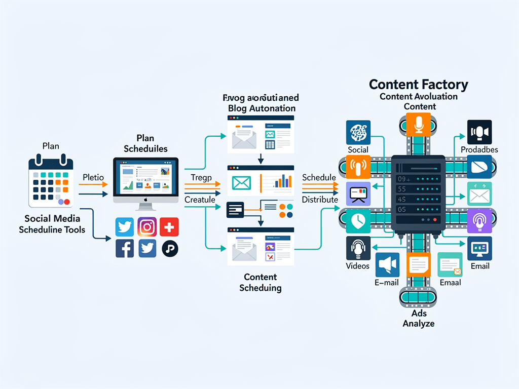 Content automation software workflow diagram showing how systems scale content production across multiple platforms simultaneously