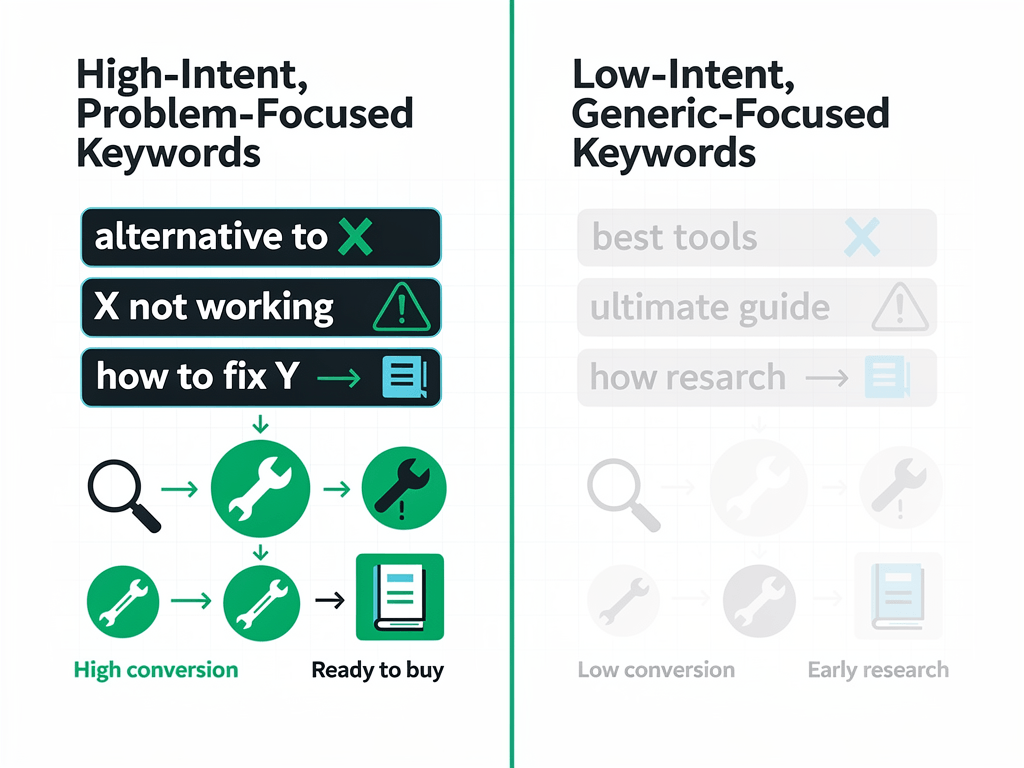 Keyword targeting strategy for AI content showing high-intent problem-focused queries versus generic informational searches