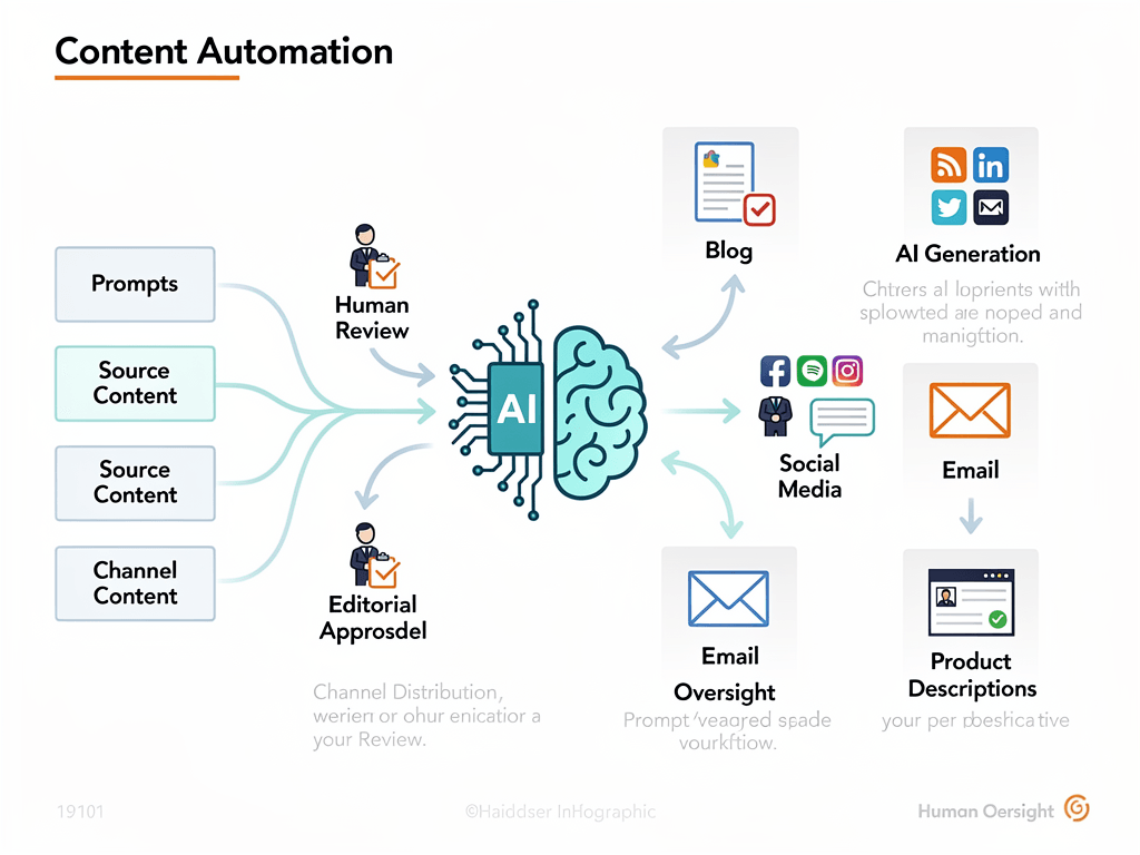 Content automation workflow diagram showing AI generating content for multiple platforms with human review checkpoints