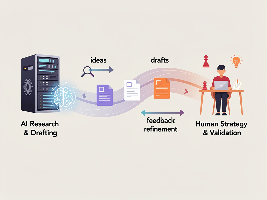 Automated content creation workflow diagram showing AI agents managing research, writing, design, and distribution processes