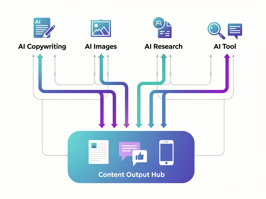Automated content production workflow diagram showing multiple AI tools working in parallel for content creation