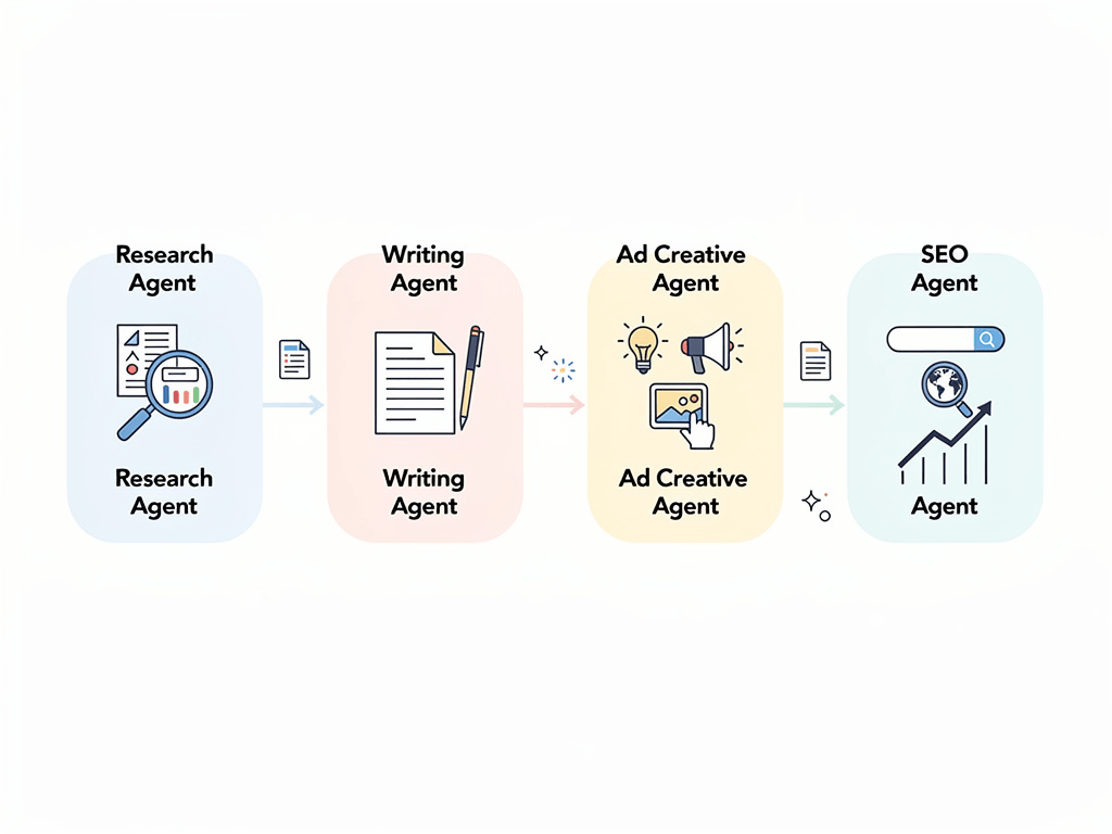 AI content automation system diagram showing four specialized agents handling research, writing, ads, and SEO workflows