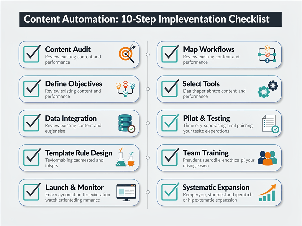 Content automation software implementation checklist showing 10 steps from process audit to systematic workflow expansion