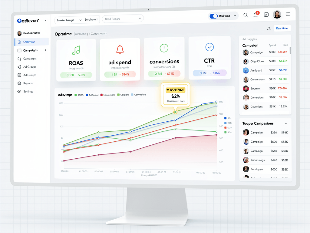 Real-time AI content automation dashboard showing ad spend, ROAS, conversions, and performance metrics with hourly monitoring