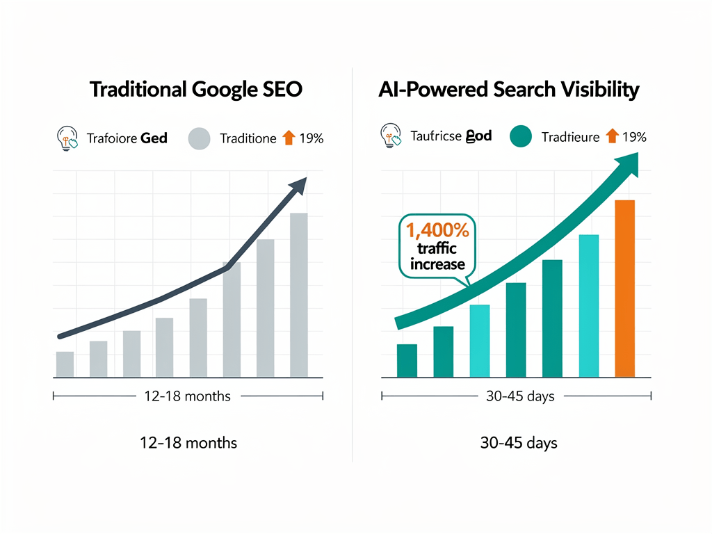 Chart comparing AI content SEO results showing 30-45 day ranking timeline versus traditional 12-18 month SEO timeline