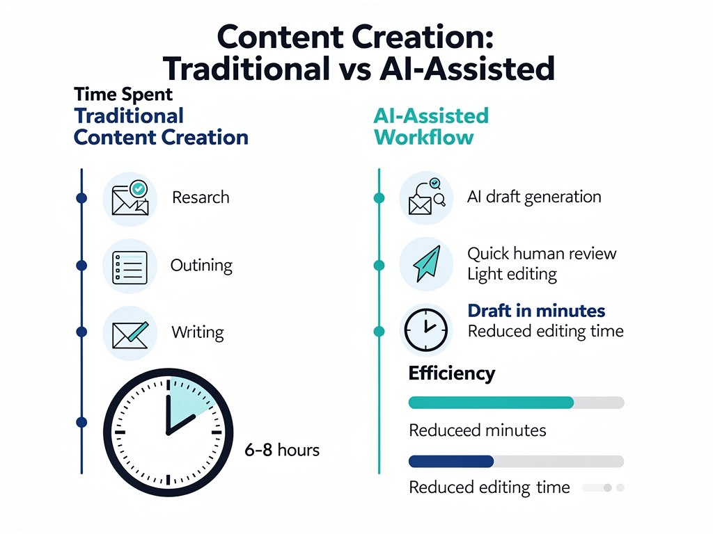 Timeline comparison showing how best AI content writer tools reduce content creation time from hours to minutes