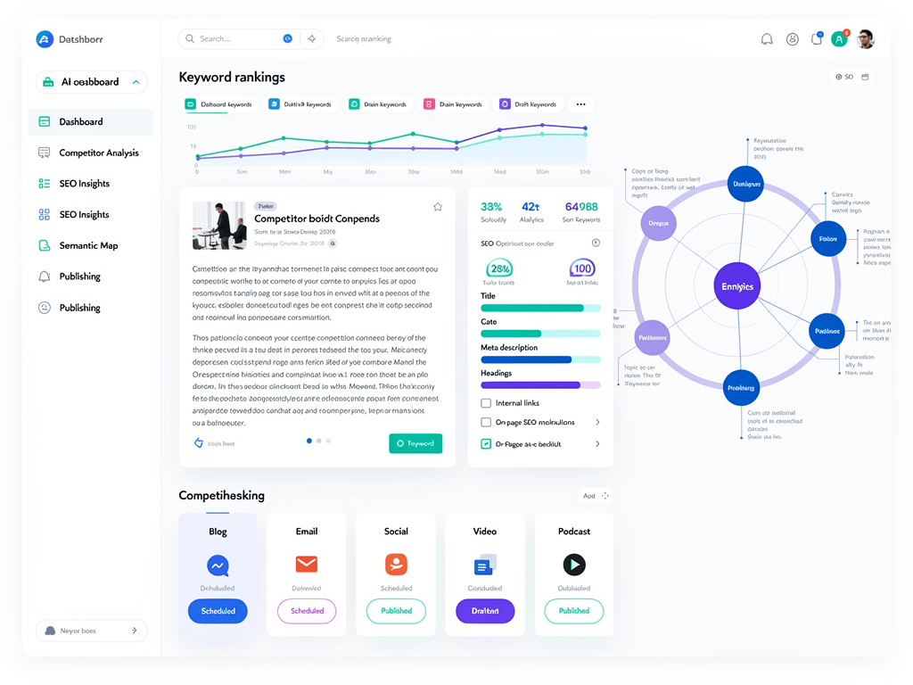 AI content writer platform dashboard showing competitor analysis and SEO optimization features for modern content creation