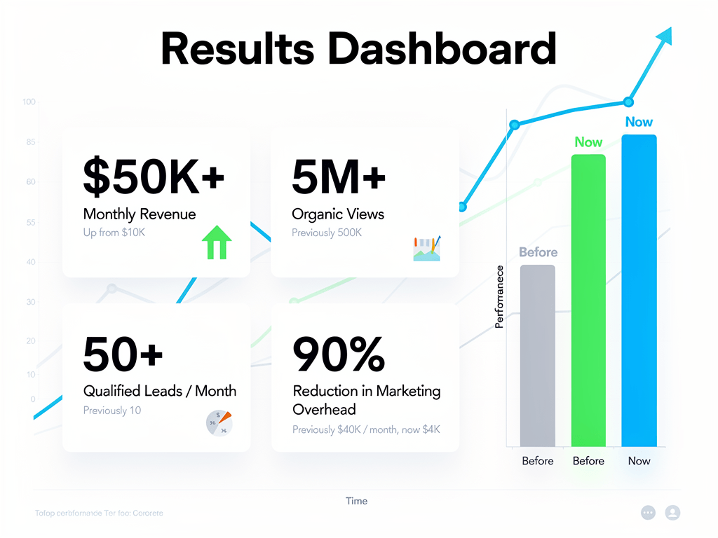 AI automated content creation case study results showing $50K monthly revenue 5 million views 50 qualified leads