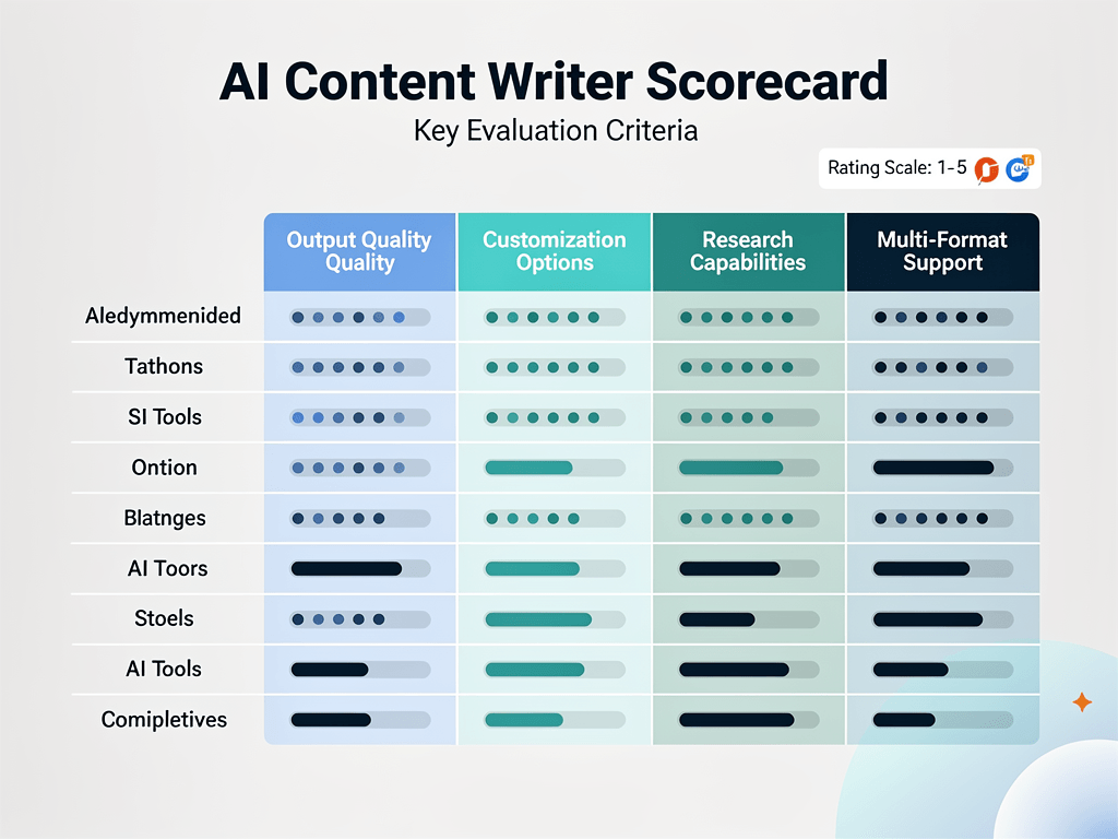 Evaluation criteria checklist for comparing best AI content writer platforms including quality, SEO features, and customization options