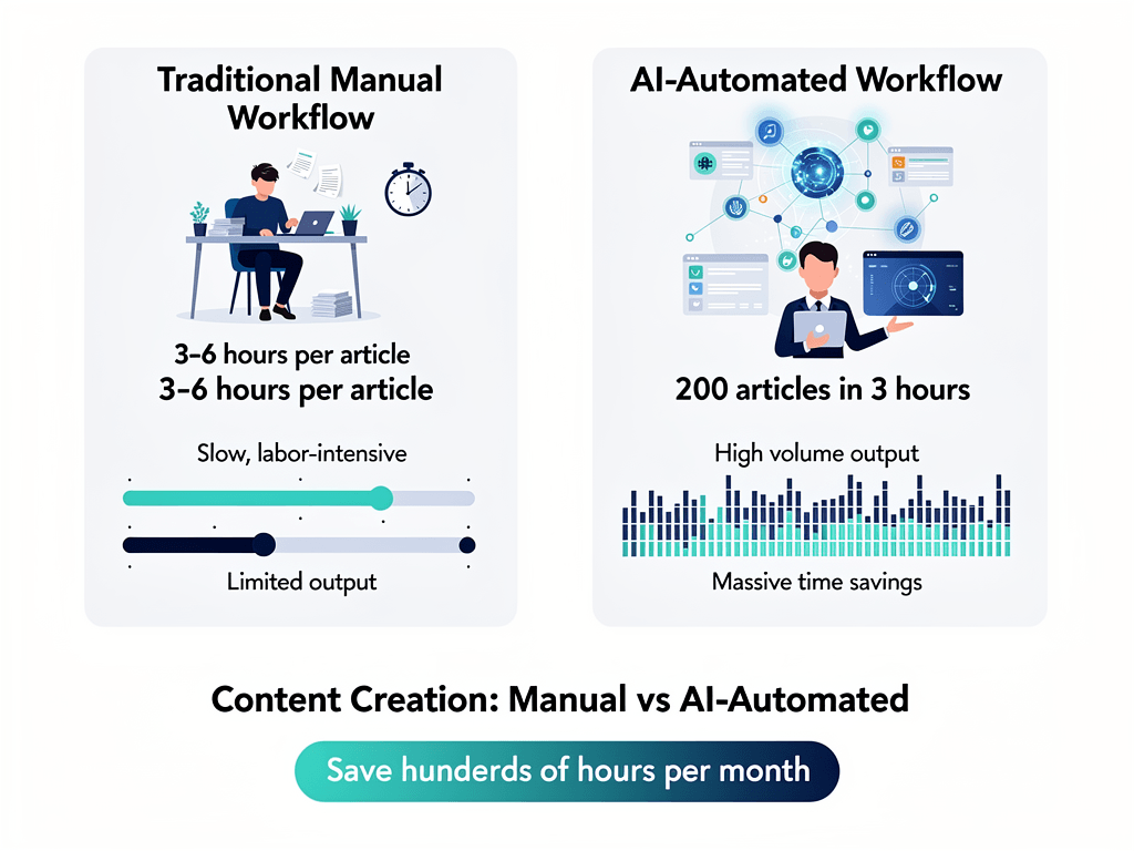 Comparison infographic showing time saved using AI blog post generator versus traditional manual writing methods